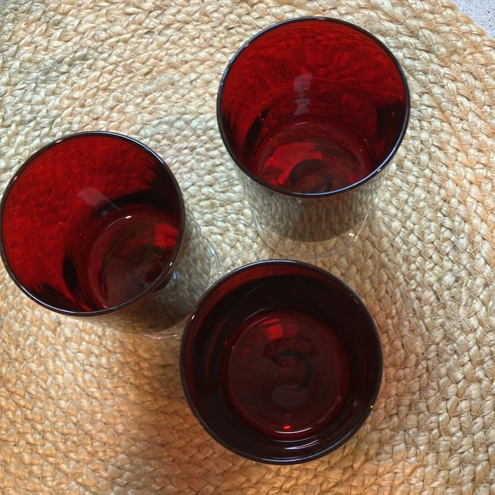 Set of (3) Vintage MCM Ruby Red Footed Wine Glasses - Luminarc France